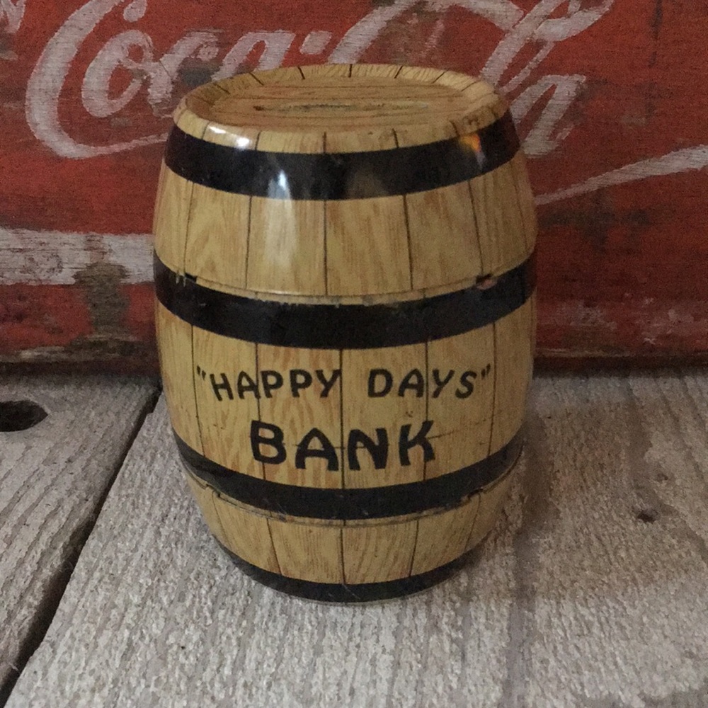 Vintage J. Chein & Co. Barrel Shaped, “Happy Days” Bank